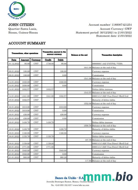 Gwinea Bissau Banco da Africa Ocidental wzór wyciągu bankowego w formacie Word i PDF
